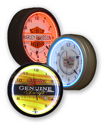3 Neon Clocks with logos in the center
