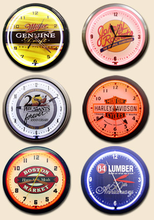 2 Columns of Neon Clocks with Logos Ranging from Miller Genuine Draft to 84 Lumber